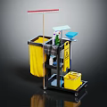 Functional Cleaning Cart With Mop Yellow Bucket Cleaning Supplies And Warning Sign