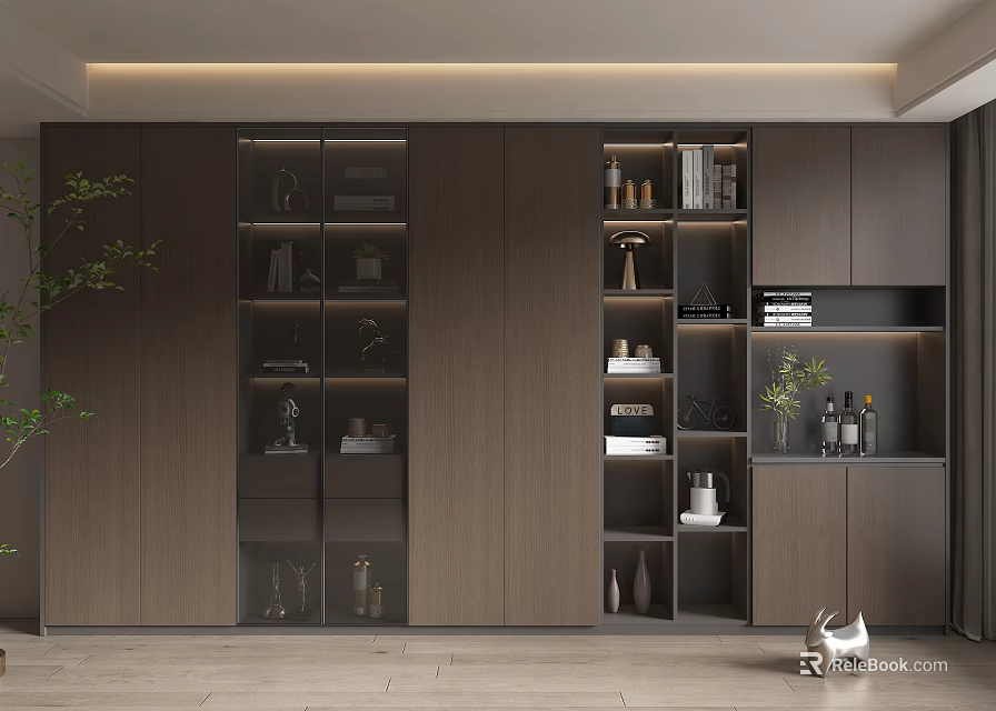 Modern Wooden Bookcase With Glass Doors Books Decorative Items And Integrated Storage Design 3d model 