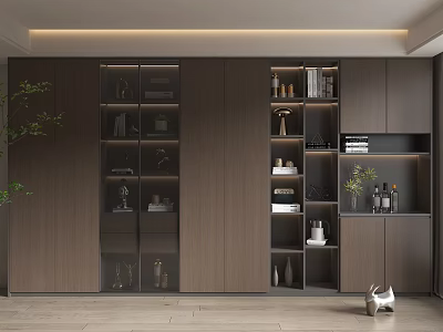 Modern Wooden Bookcase With Glass Doors Books Decorative Items And Integrated Storage Design 3d model