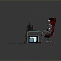 Modern Office Desk Setup with Computer Monitor Keyboard Mouse Red Chair and Silver Human Figure