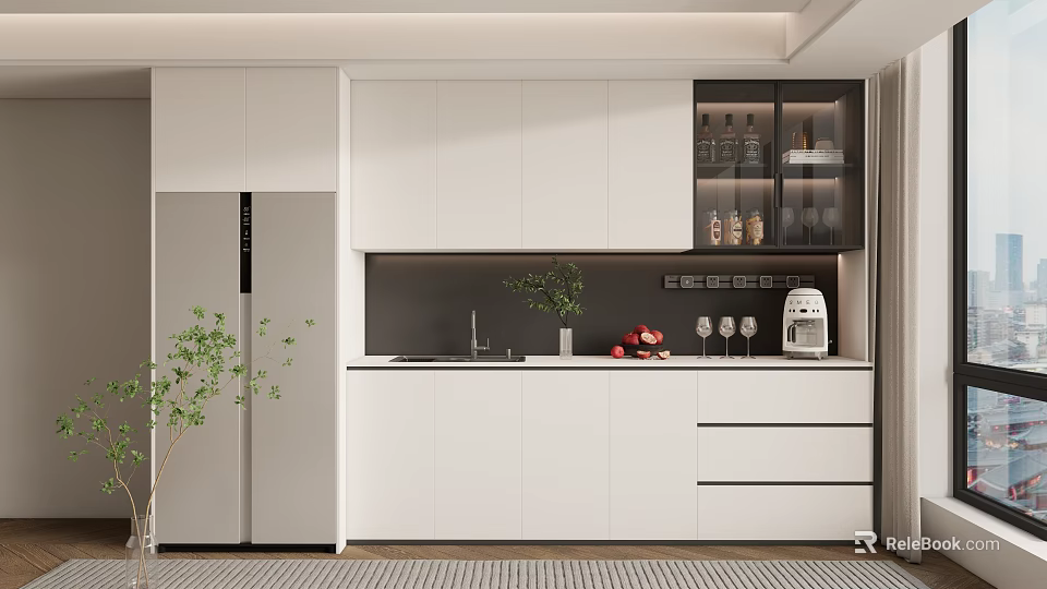 Modern Kitchen Interior Wine Cabinet Design With White Cabinets Glass Doors And Decorative Wine Glasses 3d model 