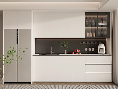 Modern Kitchen Interior Wine Cabinet Design With White Cabinets Glass Doors And Decorative Wine Glasses 3d model