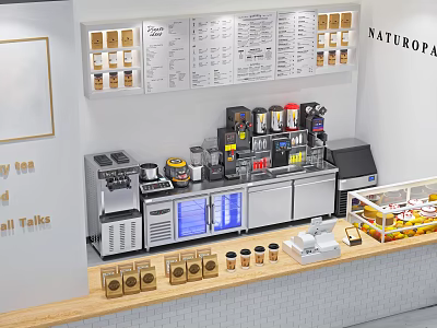 Dessert Shop Interior With Display Case Coffee Machine Counter Fresh Desserts and Menu Board 3d model