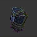 3D Model of Blue and Black Weapon with Orange Metal Parts and Green Glowing Light