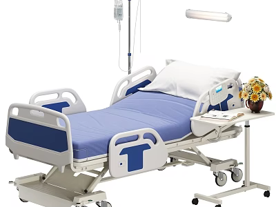 Adjustable Medical Bed With Bed Rails IV Stand And Blue Mattress White Frame 3d model