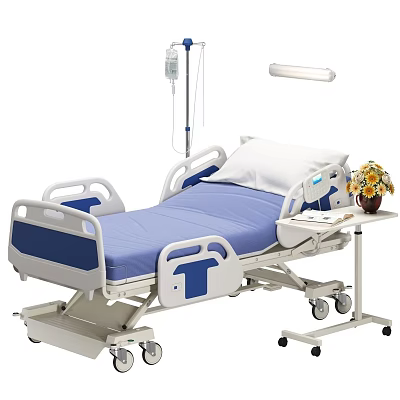 Adjustable Medical Bed With Bed Rails IV Stand And Blue Mattress White Frame 3d model