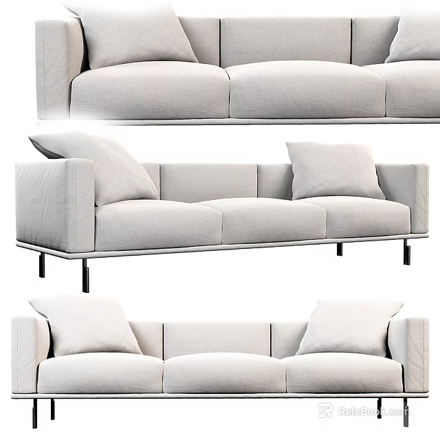 Light Gray Fabric Three Seater Sofa with Modern Minimalist Design and Metal Legs 3d model 