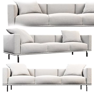 Light Gray Fabric Three Seater Sofa with Modern Minimalist Design and Metal Legs 3d model
