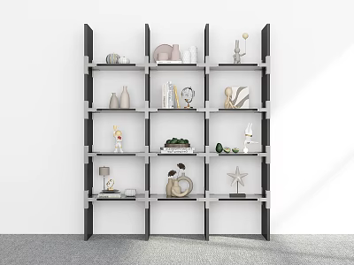Modern Black White Bookshelf With Decorative Vases Sculptures Books And Ornaments 3d model