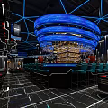 Modern Bar Interior Design With Blue Lighting Geometric Ceiling And Wine Racks