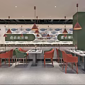 Modern Restaurant Interior With Red Green Chairs Pendant Lights And Beverage 3d model