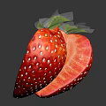 Fresh Strawberry Cut into Two Halves with Green Leaves on Dark Background with Glossy Surface