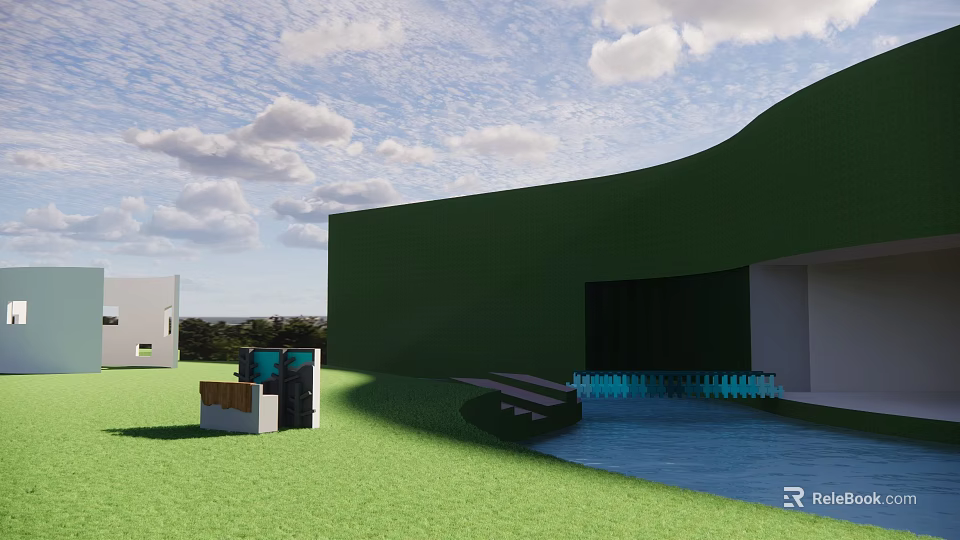 Modern Curved Bridge With Blue Railings Connecting Green Building And Grass Area 3d model 