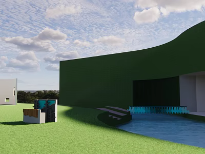 Modern Curved Bridge With Blue Railings Connecting Green Building And Grass Area 3d model