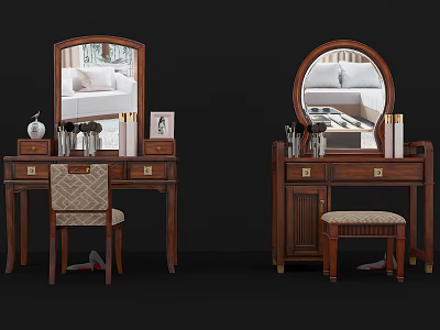 Wooden Vanity Table With Round Mirror Decorative Items And Matching Stool 3d model
