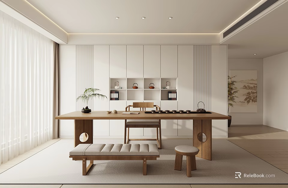 Modern Tea Room Interior Design With Wooden Table Bench White Cabinets And Tea Sets 3d model 