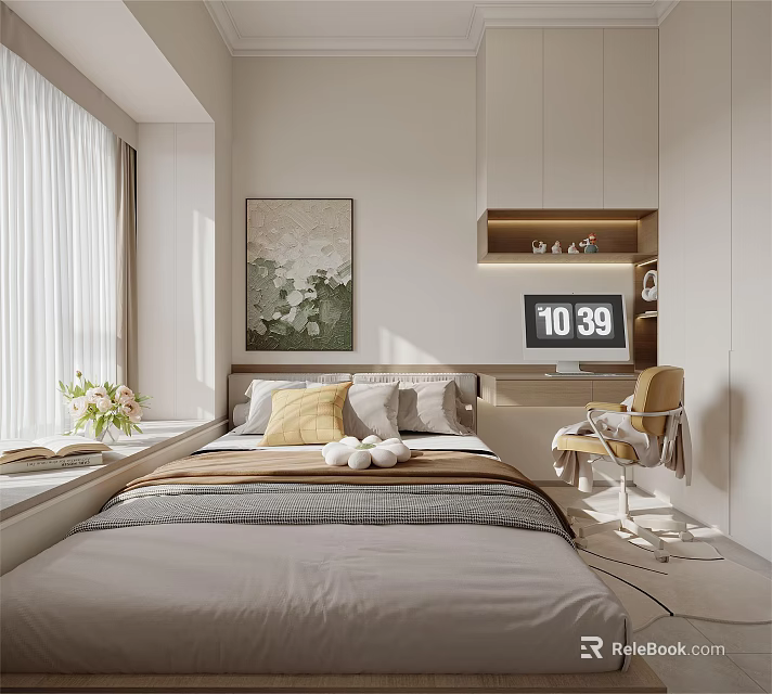 Tatami Bedroom Interior Design With Window Curtains Decorative Painting Desk Chair And Clock 3d model 