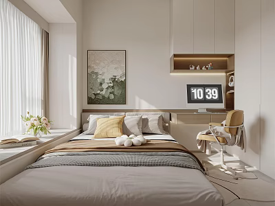 Tatami Bedroom Interior Design With Window Curtains Decorative Painting Desk Chair And Clock 3d model