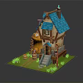 Cute Whimsical Small House With Blue Roof Yellow Walls Chimney Stone Stairs And Grass Path