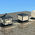 Modern Outdoor Lighting Fixtures With Pagoda Square And Round Designs On Textured Ground