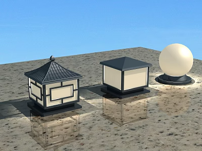 Modern Outdoor Lighting Fixtures With Pagoda Square And Round Designs On Textured Ground 3d model