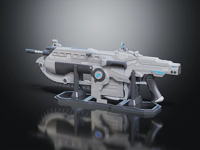 Futuristic Sci Fi Weapon Gun With Metallic Finish And Blue Accents On Display Stand 3d model