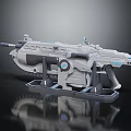 Futuristic Sci Fi Weapon Gun With Metallic Finish And Blue Accents On Display Stand