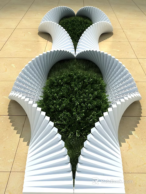 Modern Garden Ornament With White Fan Shaped Structure And Green Plants On Beige Tiled Floor 3d model 