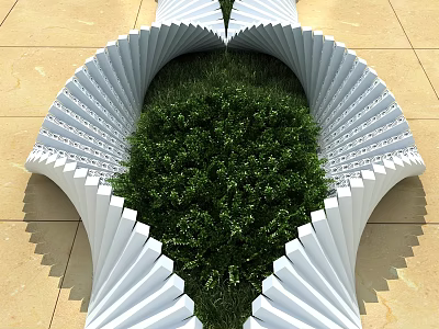 Modern Garden Ornament With White Fan Shaped Structure And Green Plants On Beige Tiled Floor 3d model