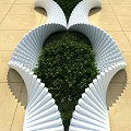 Modern Garden Ornament With White Fan Shaped Structure And Green Plants On Beige Tiled Floor