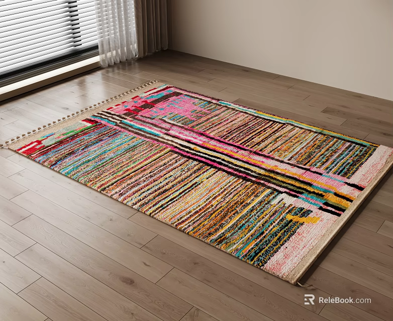 Square Colorful Striped Rug In Room With Wooden Floor And Curtains 3d model 