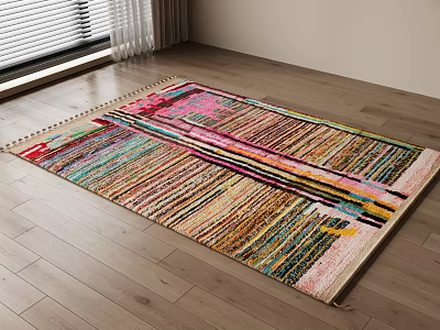 Square Colorful Striped Rug In Room With Wooden Floor And Curtains 3d model