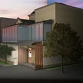 Modern Detached Villa With Large Glass Windows Dark Tile Roof Landscaped Garden And Sunset Sky