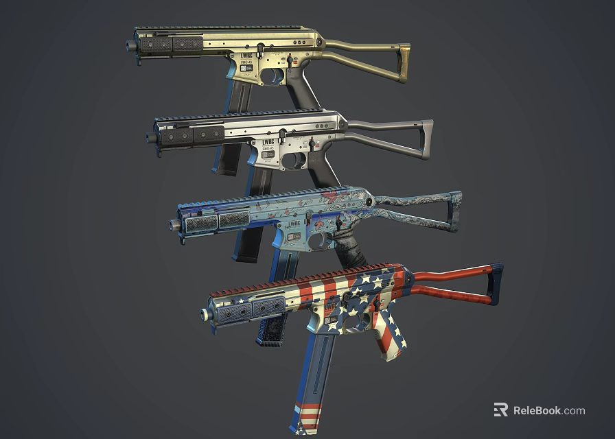 Modern Tactical Assault Rifles With Various Colorful Designs And American Flag Patterns 3d model 