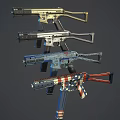 Modern Tactical Assault Rifles With Various Colorful Designs And American Flag Patterns
