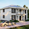 Two Story White Detached Villa With Balcony Columns And Green Surroundings