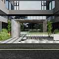 Modern Entrance Gate With Glass Doors Stone Trim Surrounding Greenery And Decorative Steps