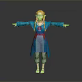 Game Movie Character With Blonde Braided Pigtails Green Eyes Blue Dress And Arms Outstretched