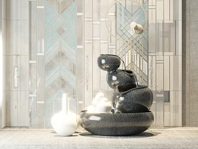 Elegant Modern Garden Ornaments With Stacked Black Ceramic Bowls And White Vase 3d model