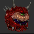 Red Demon Creature Head with Spikes Horns Green Eye and Sharp Teeth