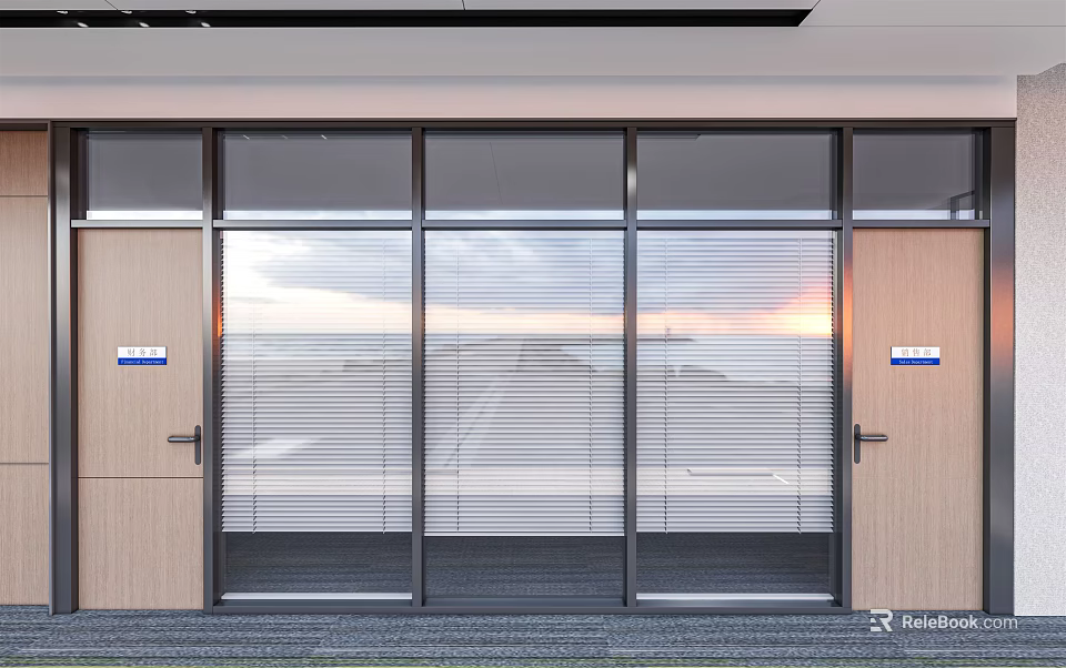 Modern Office Glass Partition With Wooden Frame And Blinds Design 3d model 