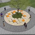 Circular Tree Pit Design With Orange White Seats And People Around Grass Paving