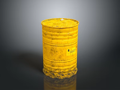 Yellow Rusty Metal Barrel With Warning Label On Dark Reflective Surface 3d model