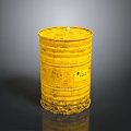 Yellow Rusty Metal Barrel With Warning Label On Dark Reflective Surface