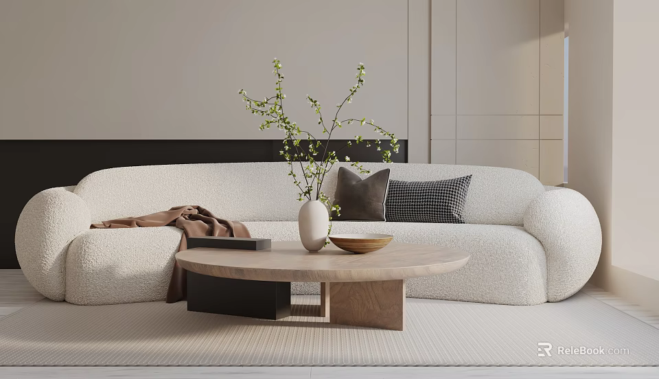 Soft White Three-Seater Sofa with Cushions Throw Blanket and Wooden Coffee Table Vase Green Plants 3d model 
