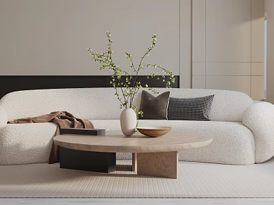 Soft White Three-Seater Sofa with Cushions Throw Blanket and Wooden Coffee Table Vase Green Plants 3d model