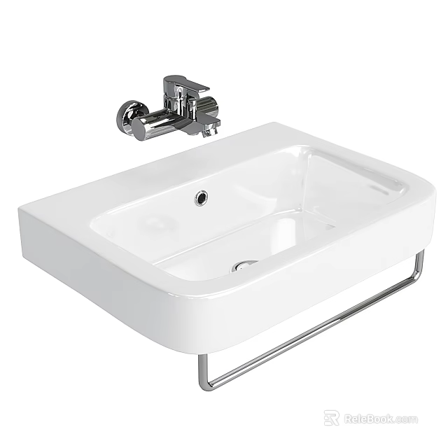 Modern White Ceramic Wall Mounted Washbasin With Chrome Faucet And Metal Rack 3d model 