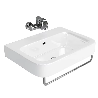 Modern White Ceramic Wall Mounted Washbasin With Chrome Faucet And Metal Rack 3d model