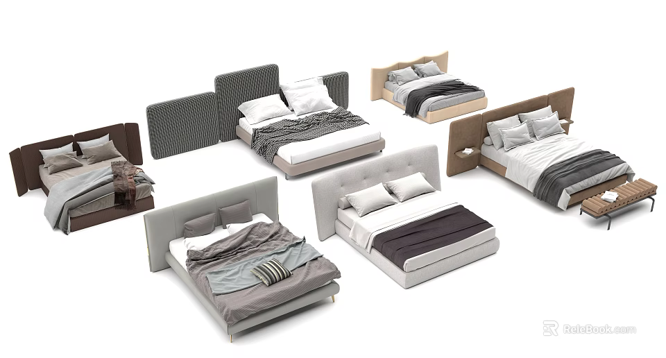 Various Modern Double Bed Designs With Different Headboards And Bedding Styles 3d model