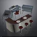 Curved Bar Counter With Light Tiled Base Red Stools White Plates And Red Cups